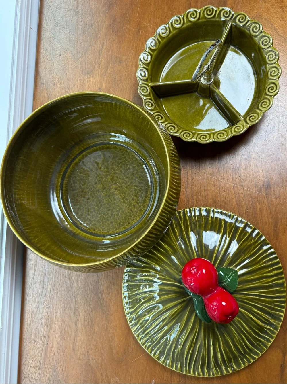 Vtg Maurice California Green Nut 3 Section Dish MCM & Lidded Casserole HTF Apple